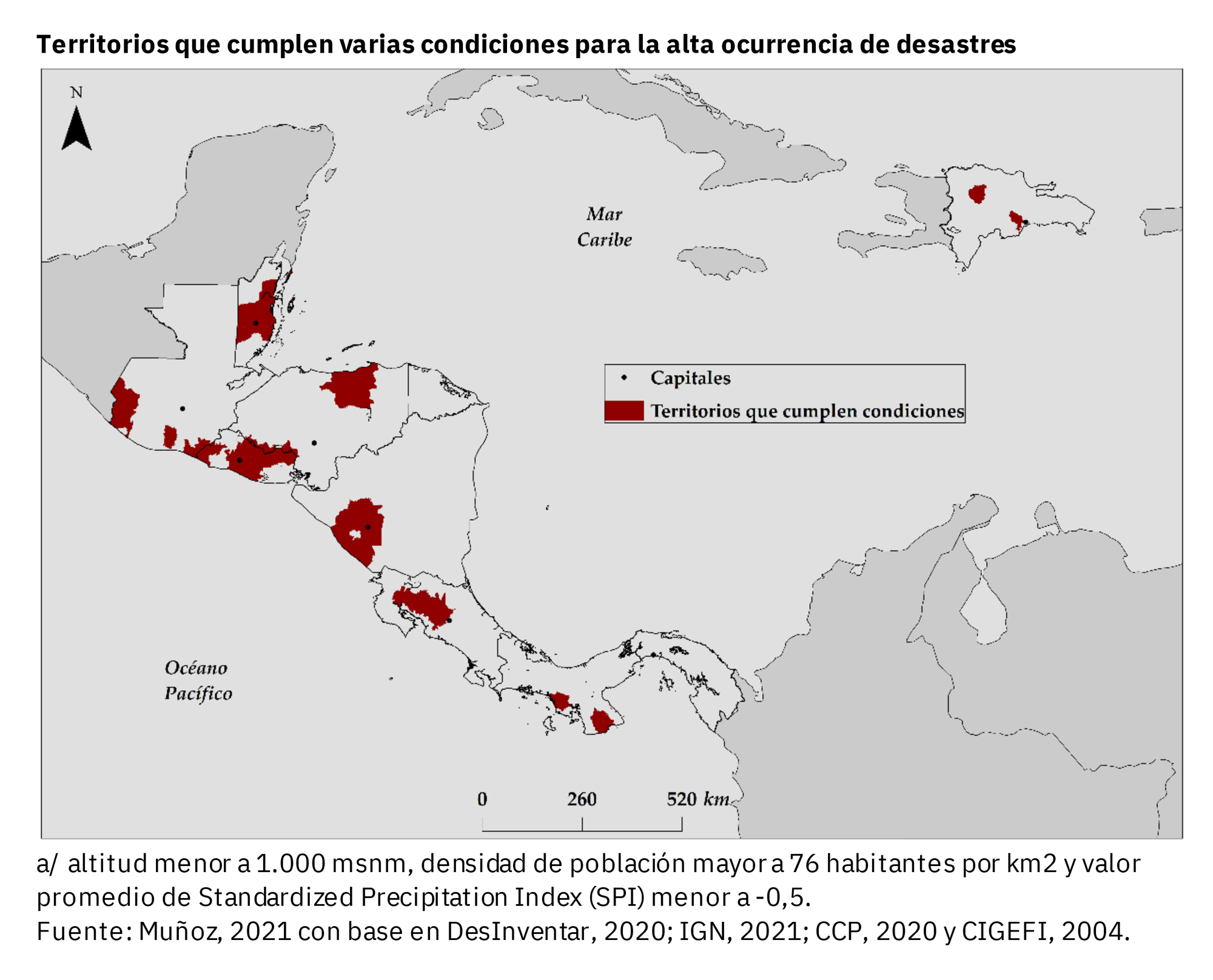 Mapa de Centroamérica y República Dominicana donde los principales territorios propensos a desastres